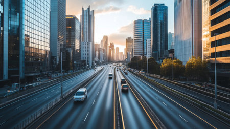 An urban motorway passing through a cityscape, with tall buildings on either side and a steady flow of vehicles, reflecting the pulse of modern city life.の素材