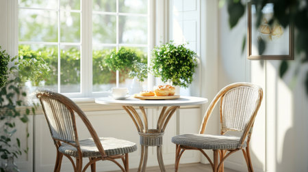 A bright and airy breakfast nook with a small round table and two chairs, set with a morning coffee and fresh pastries, creating a charming and inviting space.の素材