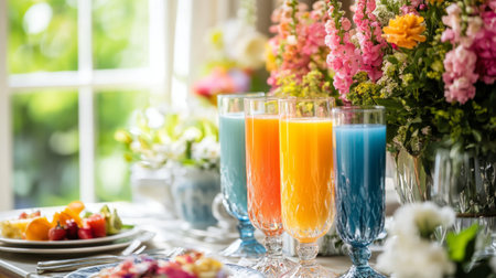 A chic brunch setting with glasses of freshly squeezed juice in vibrant colors, set on a stylish table with brunch dishes, flowers, and elegant tableware, creating a refined dining experience.の素材