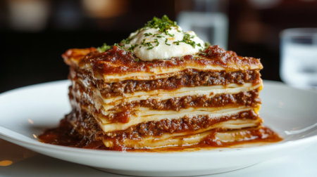 A close-up of a classic Italian lasagna with layers of pasta, meat sauce, and chamel, elegantly presented on a white plate to showcase its hearty and comforting appeal.の素材