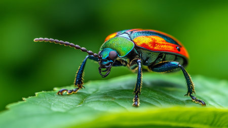 A close-up of a colorful beetle crawling on a green leaf, with intricate details of its shell and the leaf's texture clearly visible, set against a blurred background.の素材