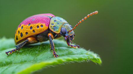 A close-up of a colorful beetle crawling on a green leaf, with intricate details of its shell and the leaf's texture clearly visible, set against a blurred background.の素材
