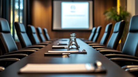 A clean and stylish conference room setup with a long table and comfortable executive chairs, with a projector screen and notepads ready for a professional meeting.の素材