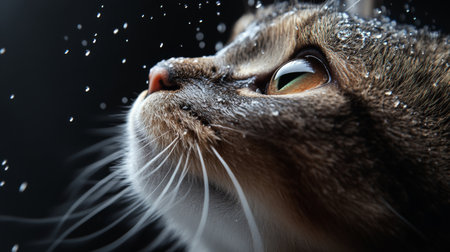 A close-up of a cute cat face with water droplets on its whiskers and fur, during bath time, with soft, diffused lighting creating a sweet, serene mood.の素材