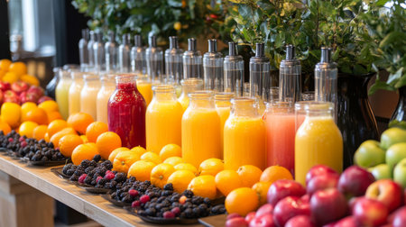 A fruit juice bar setup with a variety of freshly squeezed juices displayed in glass bottles, surrounded by vibrant fruits like oranges, apples, and berries, ready for serving.の素材