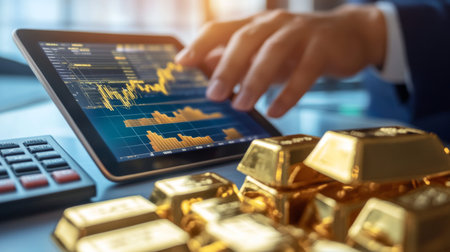 A financial professional analyzing a gold price chart on a tablet, with physical gold bars and a calculator on the table, symbolizing the relationship between data and tangible assets.の素材