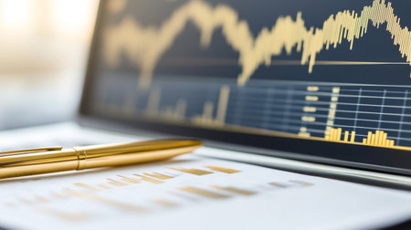 A financial dashboard on a computer screen displaying a comprehensive gold price graph, with a golden pen and notepad nearby, representing careful investment analysis.の素材