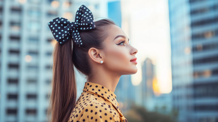 A fashionable woman with a polka dot hair bow styled in a classic ponytail, with a trendy outfit and modern city backdrop, showcasing a stylish and fun accessory.の素材