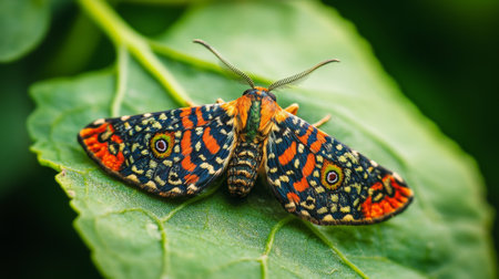 A detailed view of a small, colorful moth resting on a leaf, with its patterns and colors vividly contrasting against the green of the leaf and the natural background.の素材