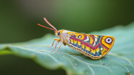 A detailed view of a small, colorful moth resting on a leaf, with its patterns and colors vividly contrasting against the green of the leaf and the natural background.の素材