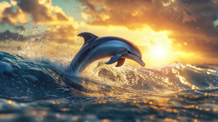 A dolphin breaching the surface of the ocean with a dramatic splash, with the sun reflecting off the droplets and creating a sense of excitement and vitality.の素材