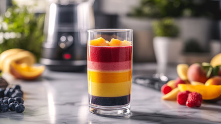 A sleek and transparent glass filled with a layered smoothie, placed on a marble kitchen island with fresh fruits and a blender in the background, evoking a healthy lifestyle.の素材
