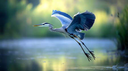 A graceful heron in mid-flight, with its long legs extended and wings outstretched, captured close-up as it moves across a tranquil lake with a serene, natural backdrop.の素材