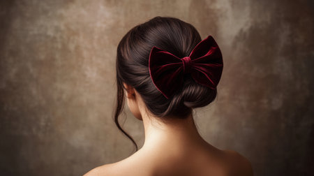 A sophisticated hairstyle featuring a velvet hair bow tied in a chic bun, with soft lighting and a neutral background, creating an elegant and refined look.の素材