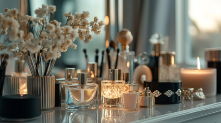 A stylish vanity table with an assortment of perfume bottles, elegantly arranged with accessories like jewelry, candles, and makeup, creating a glamorous and refined scene.の素材