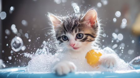 A playful kitten splashing in a small tub filled with warm water and bubbles, with a few bath toys and a splash of water creating a fun, lively scene.の素材