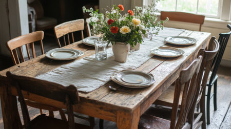 A rustic farmhouse dining table with mismatched chairs, set with a simple tablecloth, fresh flowers, and place settings, evoking a warm, homey atmosphere.の素材