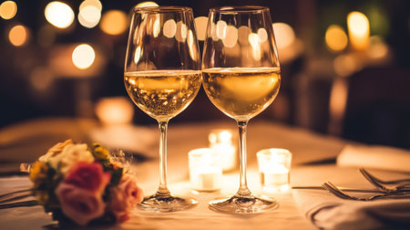 A romantic dinner setting with two glasses of white wine on a table adorned with candles, flowers, and fine dining utensils, creating an intimate and sophisticated ambiance.の素材