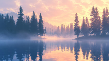 A peaceful lakeside scene at dawn, with mist rising from the water's surface and the silhouette of tall pine trees reflected in the calm, glassy water.の素材
