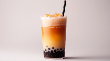 A stylish presentation of bubble milk tea in a modern glass with a black straw, with the drink layered appearance and tapioca pearls clearly visible against a crisp white background.の素材