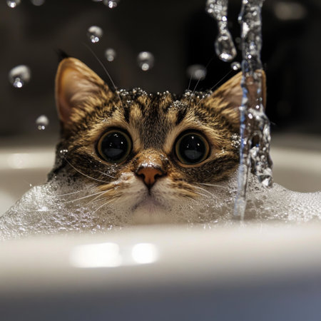 These prompts should capture the adorable and endearing nature of cats during bath time through engaging and cute stock photos.の素材
