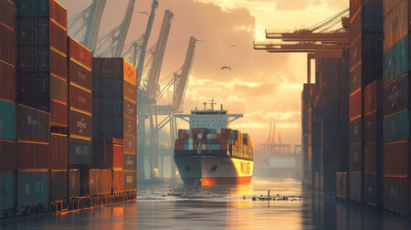 An image of a cargo ship navigating through a busy port, with containers stacked high and cranes in the background, illustrating the scale and complexity of maritime transport.の素材