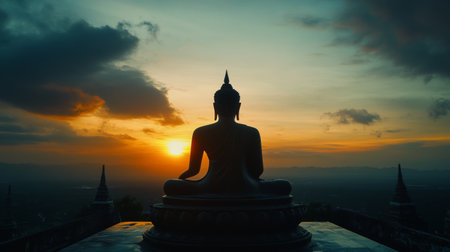 A Buddha statue silhouette on a temple rooftop at dawn, with the silhouette stark against the rising sun, emphasizing peace and spiritual awakening.の素材