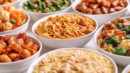 An assortment of popular Chinese stir-fry dishes, including sweet and sour chicken and vegetable lo mein, arranged attractively on a white surface to highlight the variety of flavors.の素材