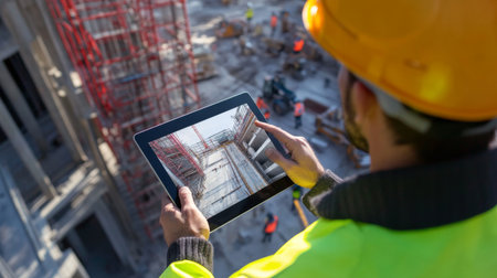 An engineer holding a tablet, inspecting the progress of a high-rise building while communicating with workers on-site, with scaffolding and machinery around.の素材