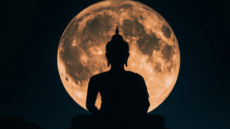 The silhouette of a seated Buddha statue in front of a large, full moon, creating a striking and mystical scene with the moon glow enhancing the statu peaceful presence.の素材