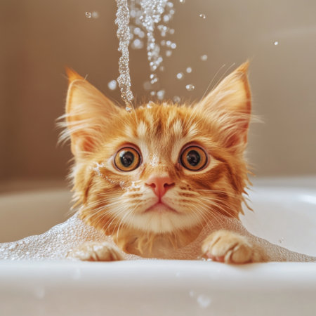 These prompts should capture the adorable and endearing nature of cats during bath time through engaging and cute stock photos.の素材