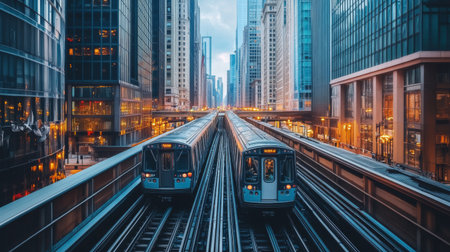 A busy cityscape featuring an electric train traveling through an elevated track, with skyscrapers and urban infrastructure in the background, capturing the integration of modern transit.の素材