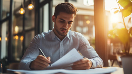 A young professional businessman reviewing documents and making notes with a focused expression, surrounded by a clean, modern office setup with bright lighting.の素材