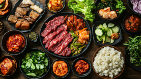A vibrant spread of Korean barbecue with grilled beef, pork, and vegetables, served with a variety of banchan (side dishes) on a wooden table, highlighting the rich flavors and variety.の素材