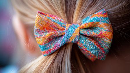 A close-up of a colorful hair bow tied neatly on a young girl's ponytail, with soft natural lighting highlighting the bow's vibrant patterns and textures.の素材