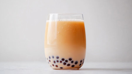 A clear glass of bubble milk tea with a generous amount of tapioca pearls at the bottom, with a white background highlighting the drink's vibrant color and texture.の素材