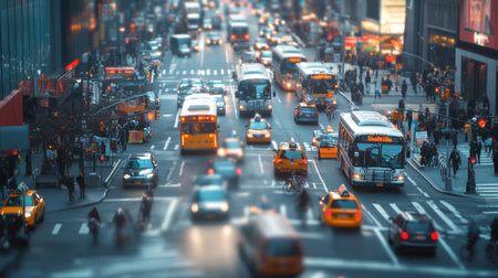 A busy city scene with various types of vehicles, including cars, buses, and bicycles, all in motion on a vibrant urban street, capturing the energy and diversity of city transportation.の素材