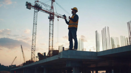 An engineer standing on a bridge under construction, holding a radio and giving instructions to workers below, with the framework of the bridge stretching out behind them.の素材