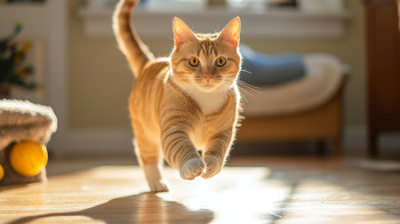 A chubby orange tabby cat sprinting across a sunlit living room floor, with its tail up and a playful expression on its face. Toys and a cozy cat bed are visible in the background.の素材