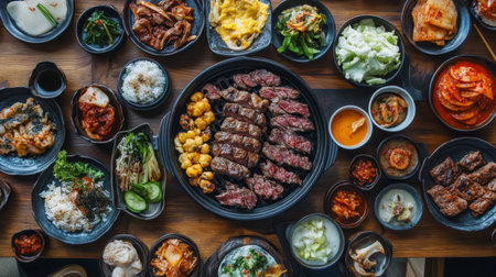 A vibrant spread of Korean barbecue with grilled beef, pork, and vegetables, served with a variety of banchan (side dishes) on a wooden table, highlighting the rich flavors and variety.の素材