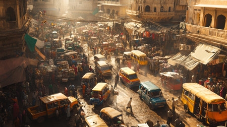 A chaotic scene of traffic in a busy market area, with pedestrians, cars, and tuk-tuks navigating through the narrow streets.の素材