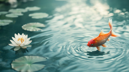 A beautiful goldfish swimming near a traditional Japanese water garden with lotus flowers and gentle ripples on the surfaceの素材
