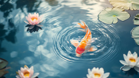 A beautiful goldfish swimming near a traditional Japanese water garden with lotus flowers and gentle ripples on the surfaceの素材