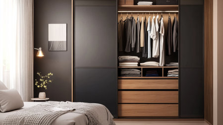 A chic wardrobe with a sliding door design, showing a glimpse of organized clothing and a few decorative items, set in a stylish and modern bedroomの素材