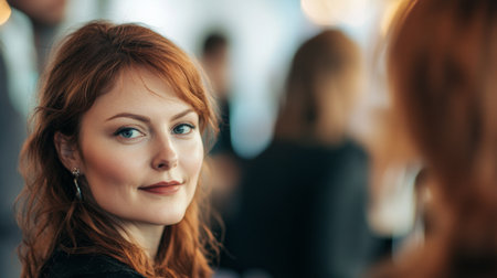 A close-up of a businesswoman at a networking event, with clear, expressive facial features and a confident posture.の素材