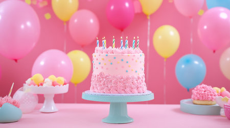 A cheerful pink birthday party setup with colorful decorations, balloons, and a beautifully decorated cake on a festive tableの素材