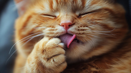 A chubby orange cat licking its paw up close, showcasing the grooming habits and fluffy nature of domestic cats.の素材