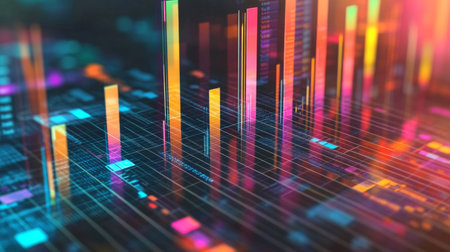 A 3D chart with multiple layers of transparent bars rising from a grid, illustrating complex data trends in a visually striking manner.の素材