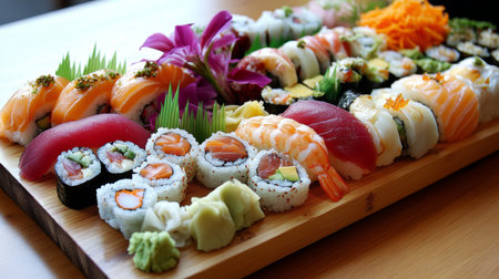 A beautifully arranged sushi platter featuring a variety of rolls, nigiri, and sashimi, with colorful ingredients and garnishes on a sleek wooden boardの素材