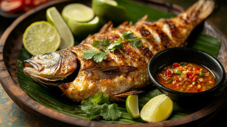 A beautifully grilled fish with crispy skin, served on a traditional Thai plate with fresh herbs, lime slices, and a side of spicy dipping sauceの素材